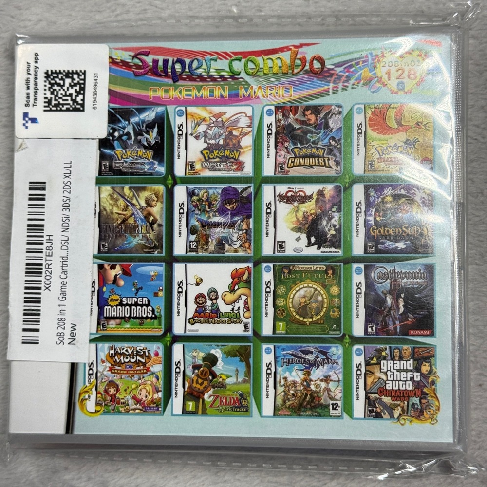 SoB 208 in 1 Game Cartridge Nintendo DS 3DS 2DS Multi Color Pokemon Mario Zelda
